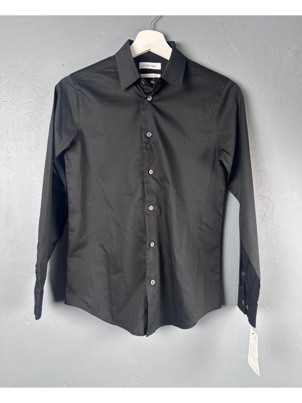 Calvin Klein Boys Sz 14 Black Slim Fit + Stretch Button Down Long Sleeve Shirt